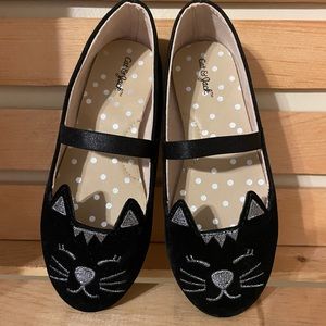 Toddler Girls Black and Silver Cat Ballet Flats with Elastic Strap Size 10